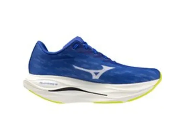 Mizuno Wave Rebellion Flash 3 löparsko i blått och gult, sedd från sidan