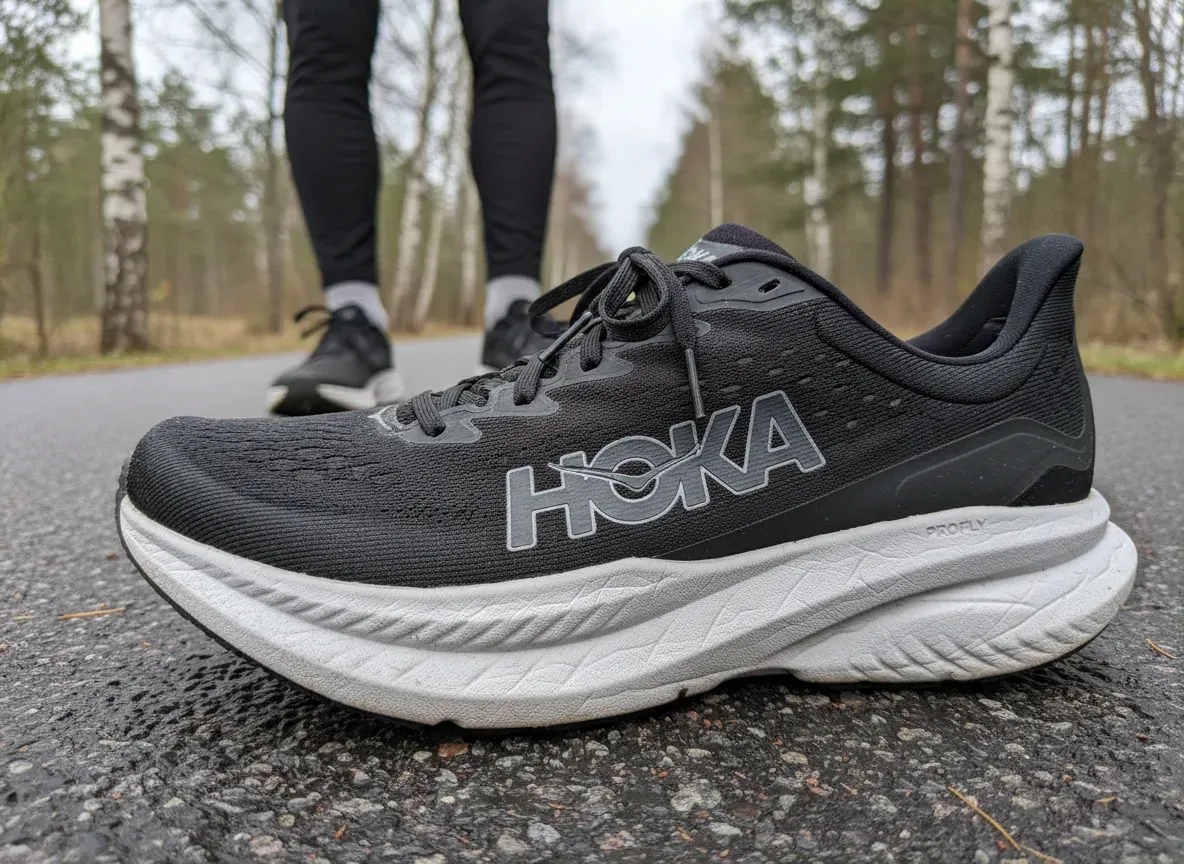 Närbild på ovandel och mellansula på Hoka Mach 6