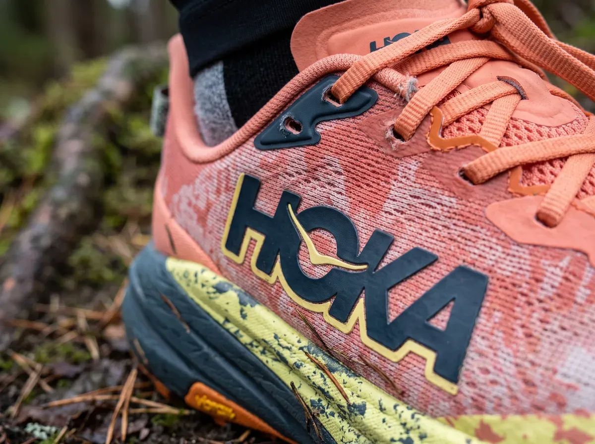 Närbild på ovandel och mellansula på Hoka Speedgoat 6