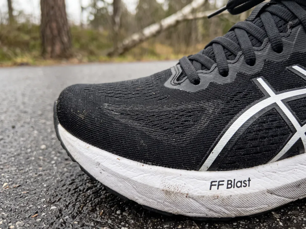 Närbild på ovandel och mellansula på Asics GT-1000 14