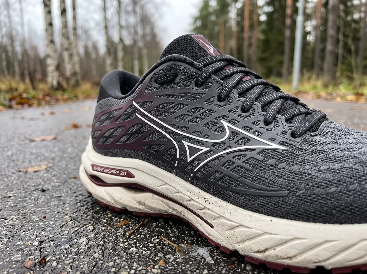 Närbild på ovandel och mellansula på Mizuno Wave Inspire 20