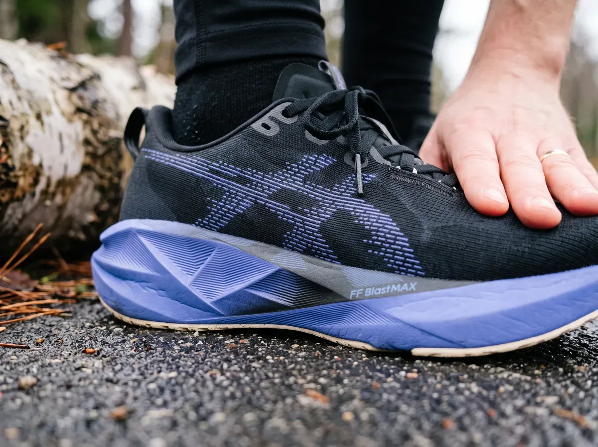 Närbild på ovandel och mellansula på Asics Novablast 5