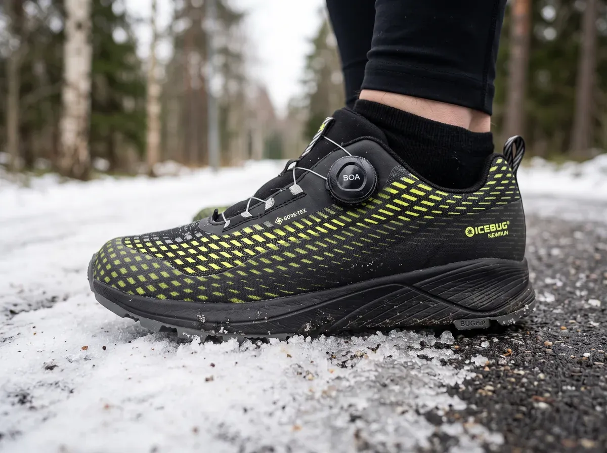 Närbild på ovandel och mellansula på Icebug NewRun BUGrip