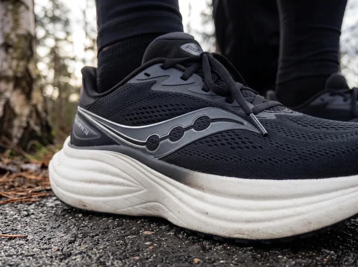 Närbild på ovandel och mellansula på Saucony Triumph 24