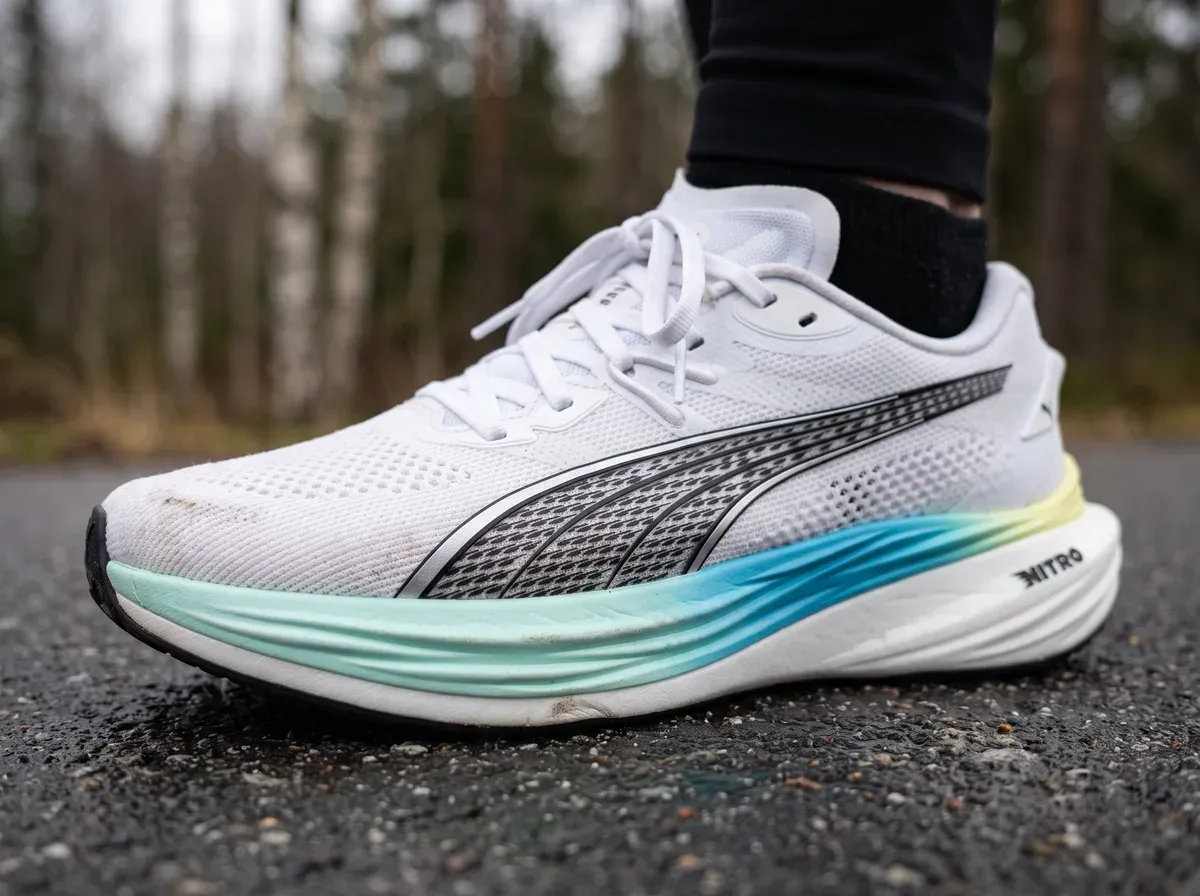 Närbild på ovandel och mellansula på Puma Deviate Nitro 3