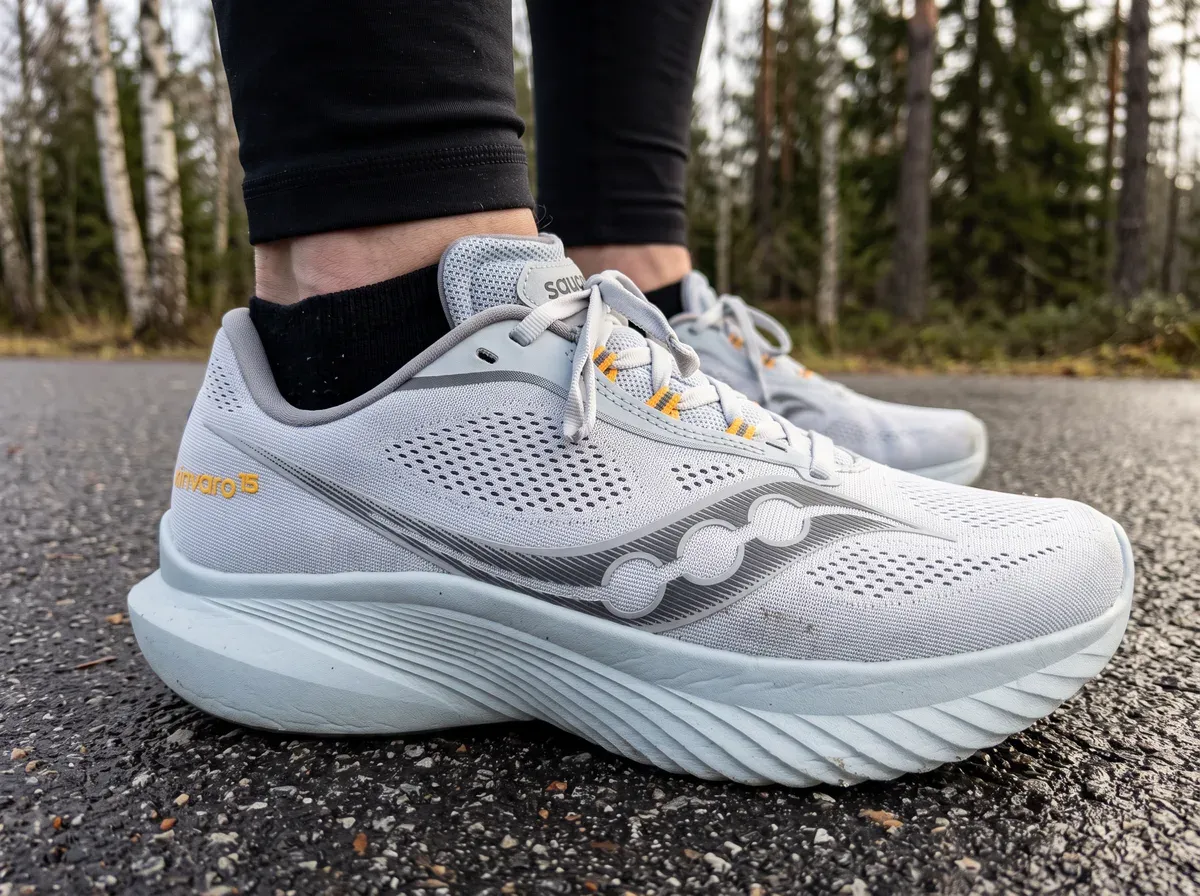 Närbild på ovandel och mellansula på Saucony Kinvara 15