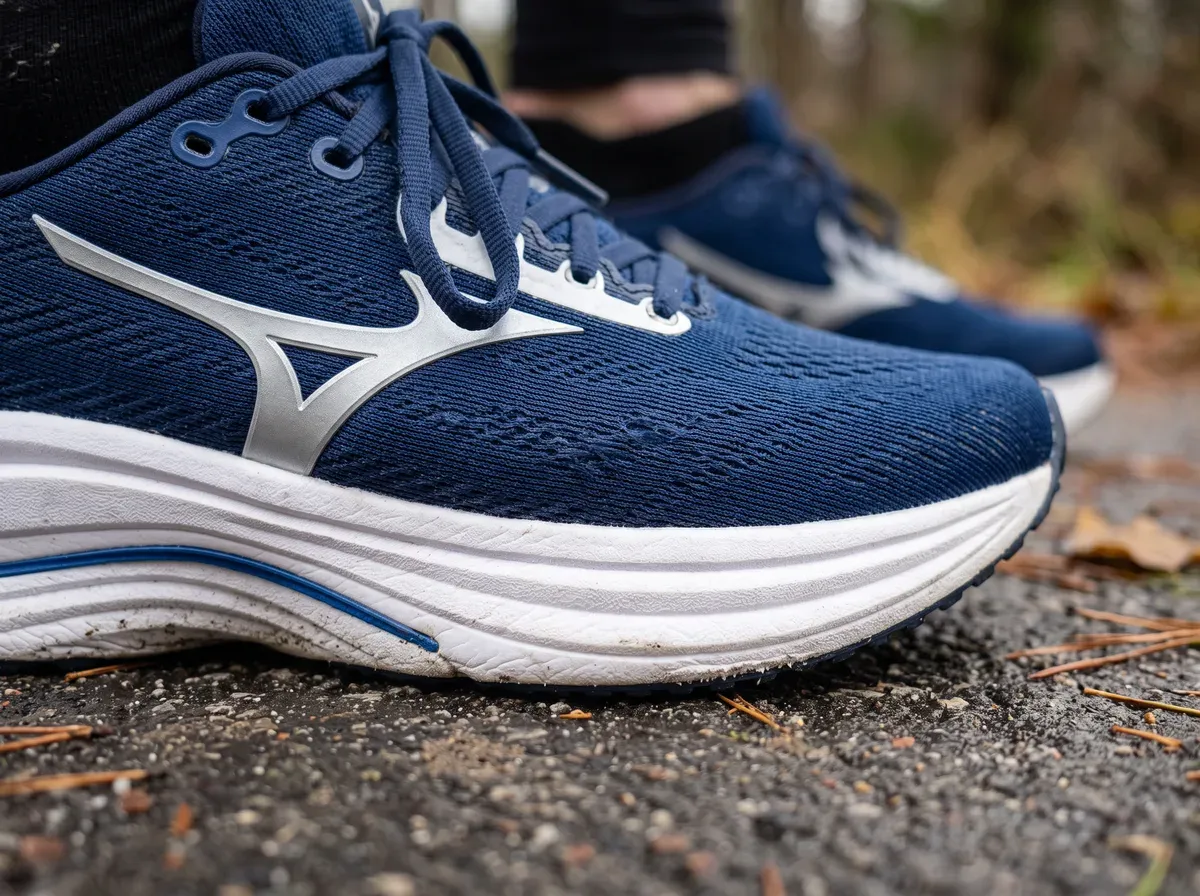Närbild på ovandel och mellansula på Mizuno Wave Rider 29