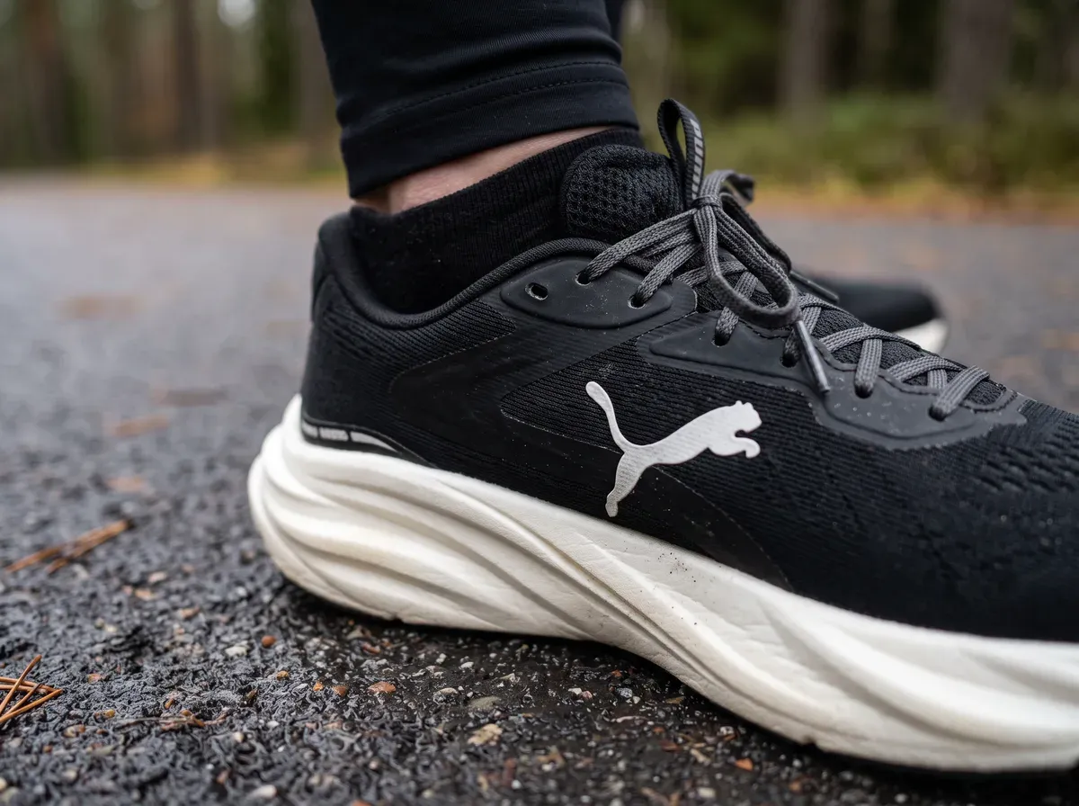 Närbild på ovandel och mellansula på Puma Magnify Nitro 3
