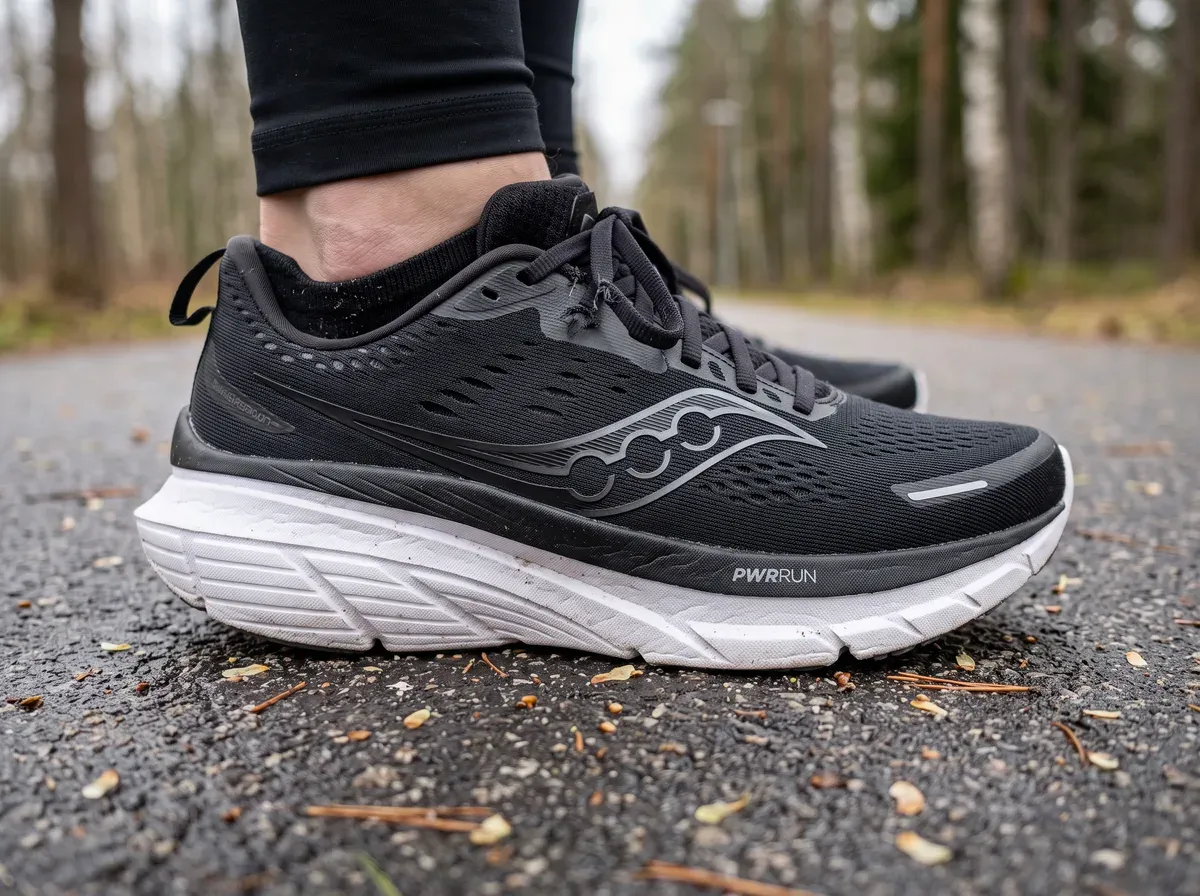 Närbild på ovandel och mellansula på Saucony Guide 18