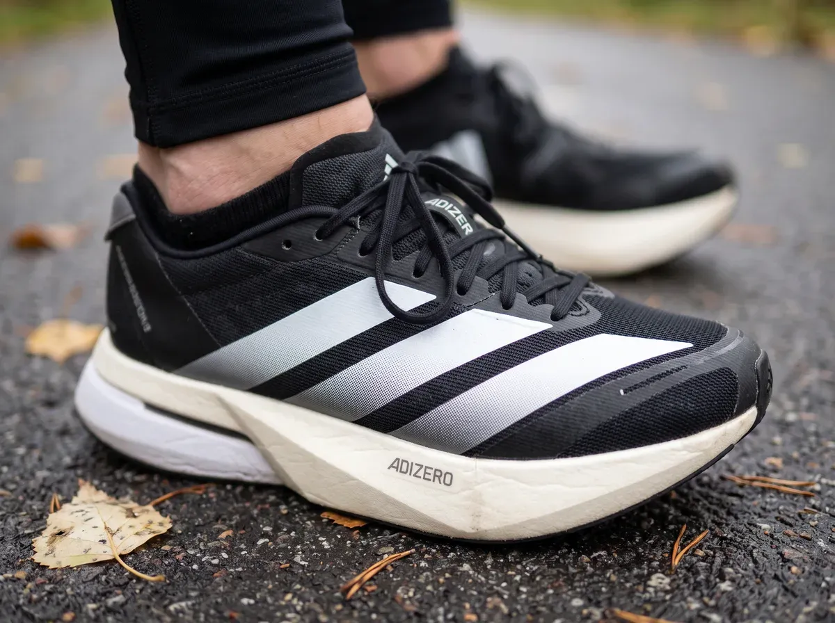 Närbild på ovandel och mellansula på Adidas Adizero Boston 13