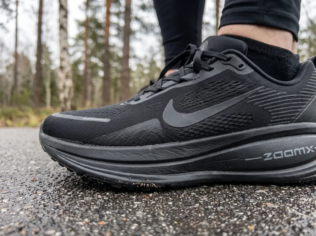 Närbild på ovandel och mellansula på Nike Vomero 18