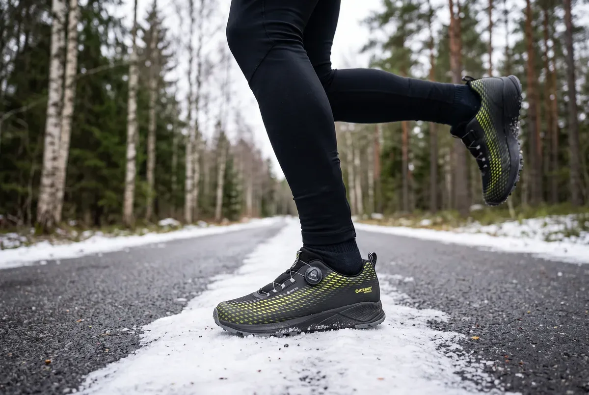 Icebug NewRun BUGrip mitt i ett löpsteg