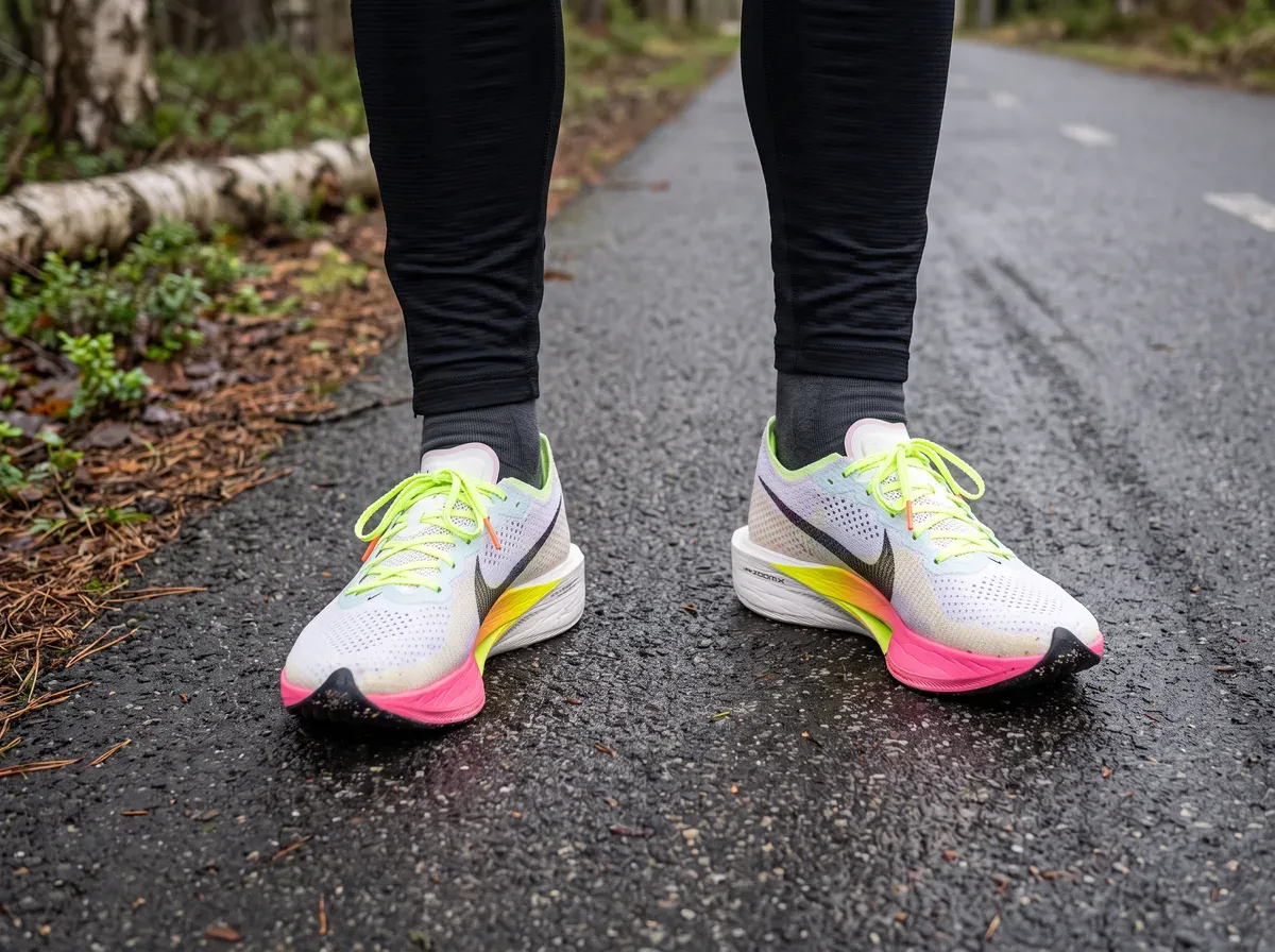 Nike Vaporfly 3 på fötterna på blöt asfalt