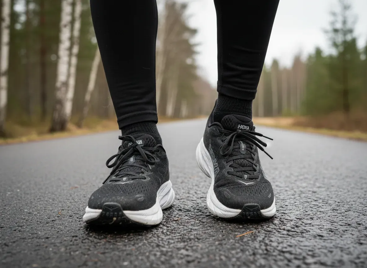 Hoka Mach 6 på fötterna på blöt asfalt