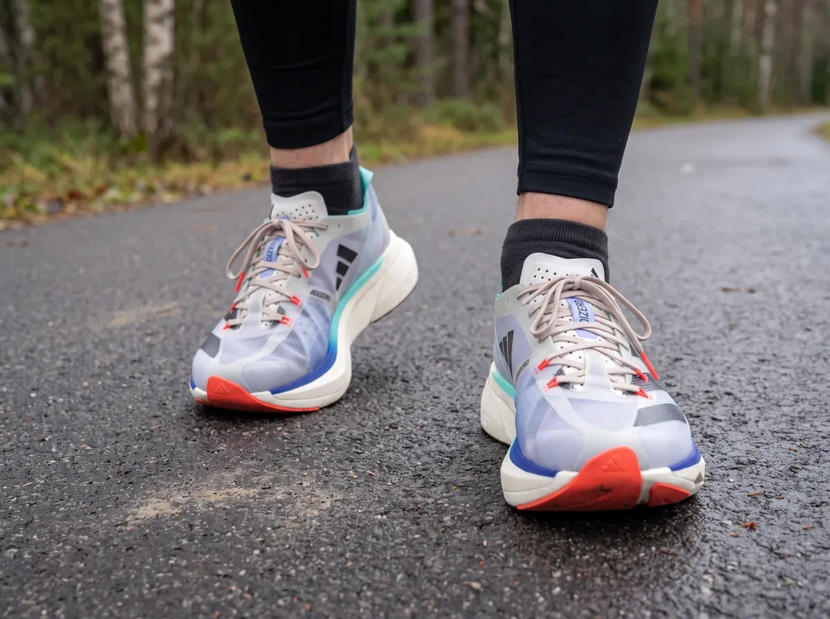 Adidas Adizero Adios Pro 3 på fötterna på blöt asfalt