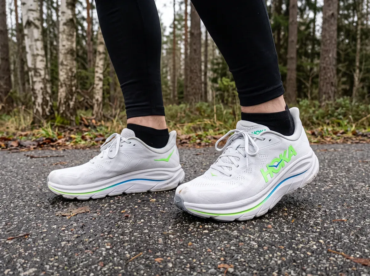 Hoka Clifton 10 på fötterna på blöt asfalt