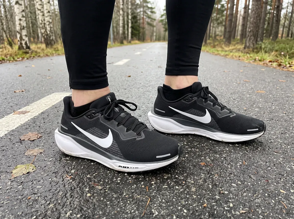Nike Pegasus 41 på fötterna på blöt asfalt