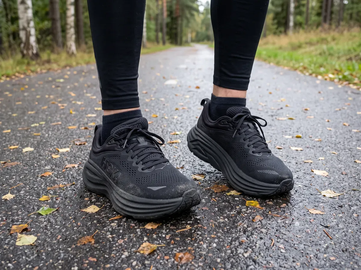 Hoka Bondi 9 på fötterna på blöt asfalt