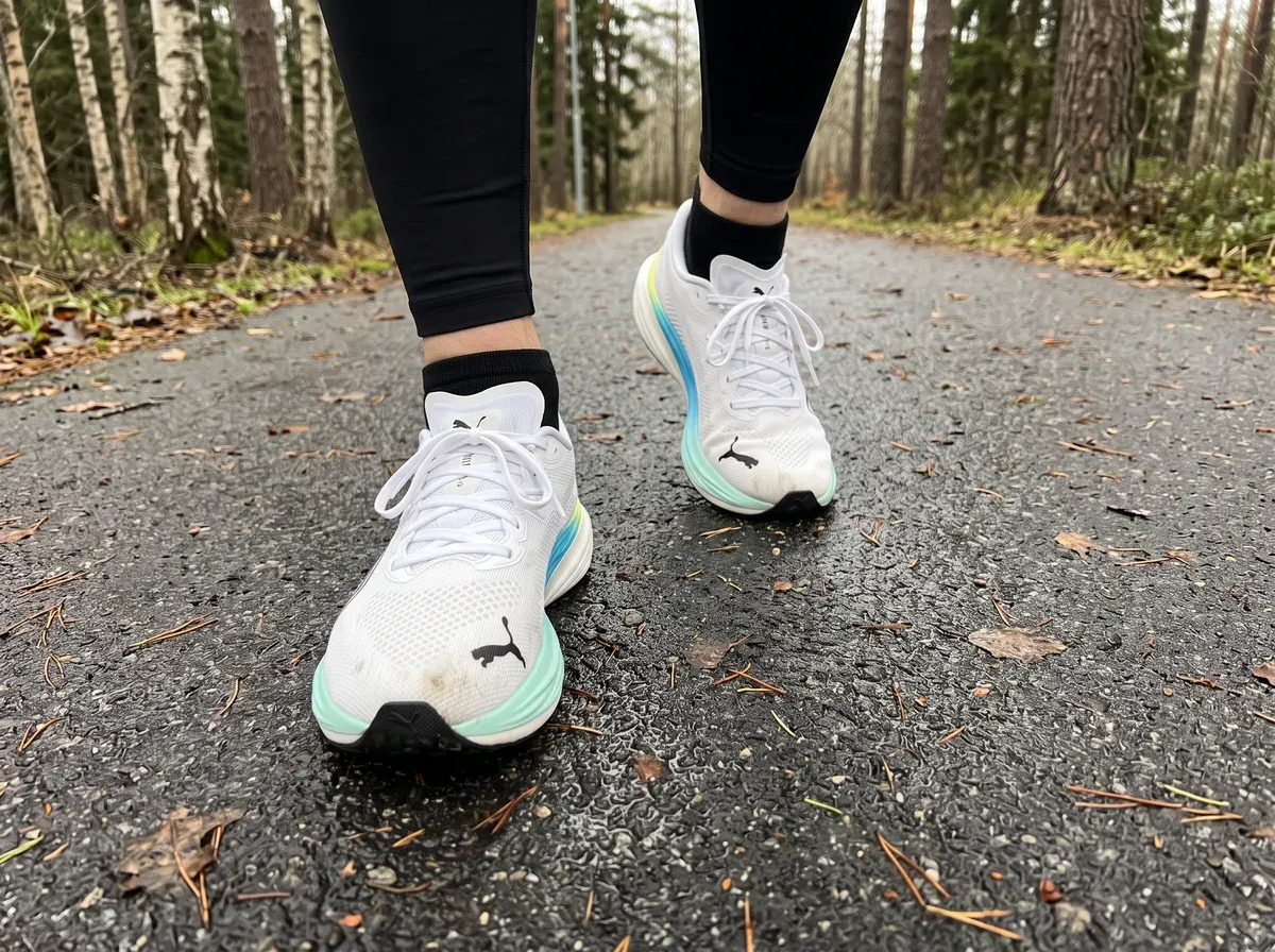 Puma Deviate Nitro 3 på fötterna på blöt asfalt