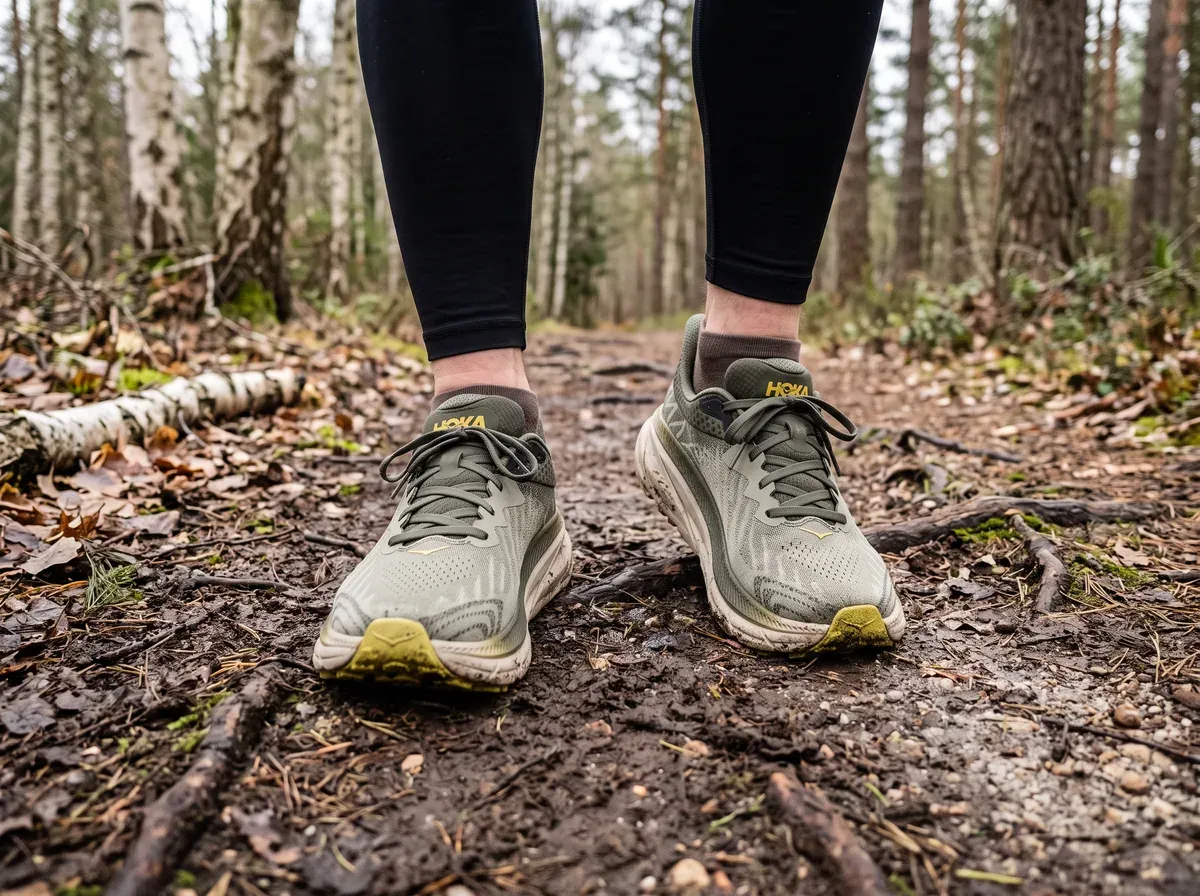 Hoka Challenger 7 på fötterna på blöt asfalt