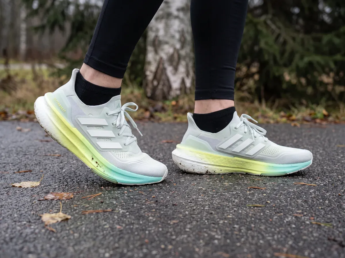 Adidas Ultraboost 5 på fötterna på blöt asfalt