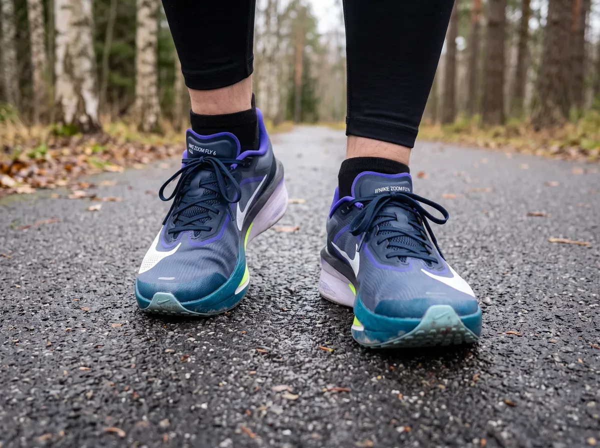 Nike Zoom Fly 6 på fötterna på blöt asfalt