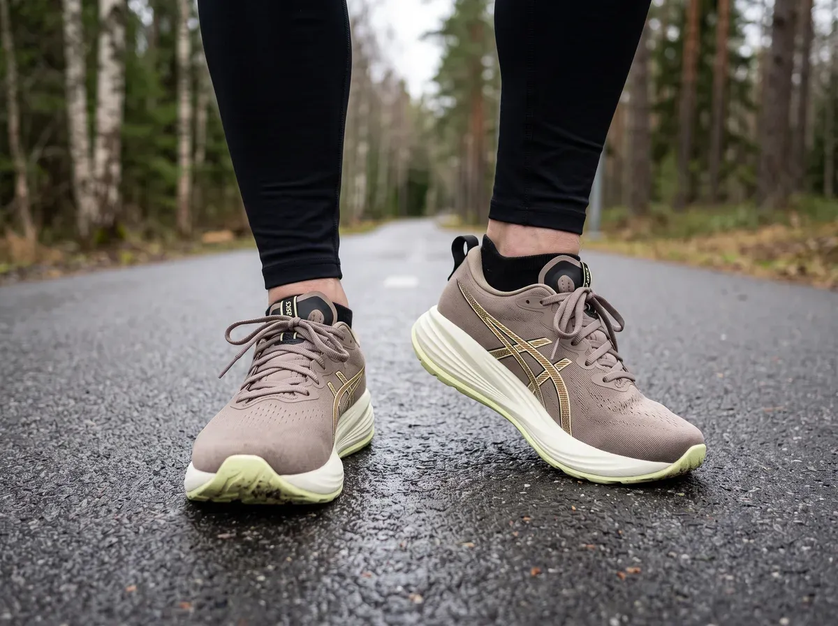 Asics Gel-Cumulus 27 på fötterna på blöt asfalt