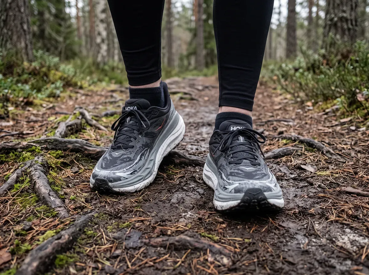 Hoka Stinson 7 på fötterna på blöt asfalt