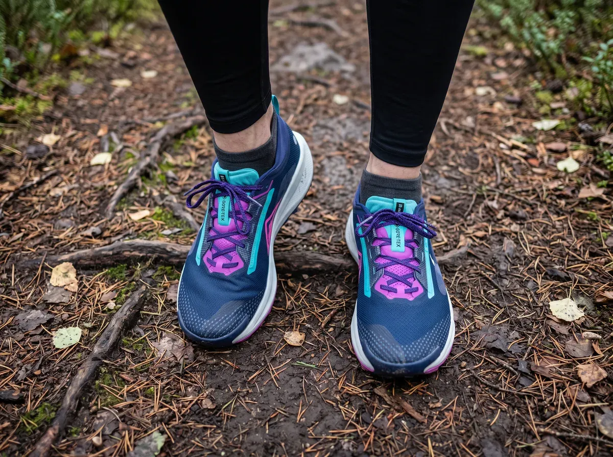 Nike Pegasus Trail 5 på fötterna på blöt asfalt