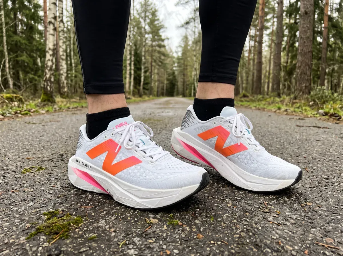 New Balance SuperComp Trainer v3 på fötterna på blöt asfalt