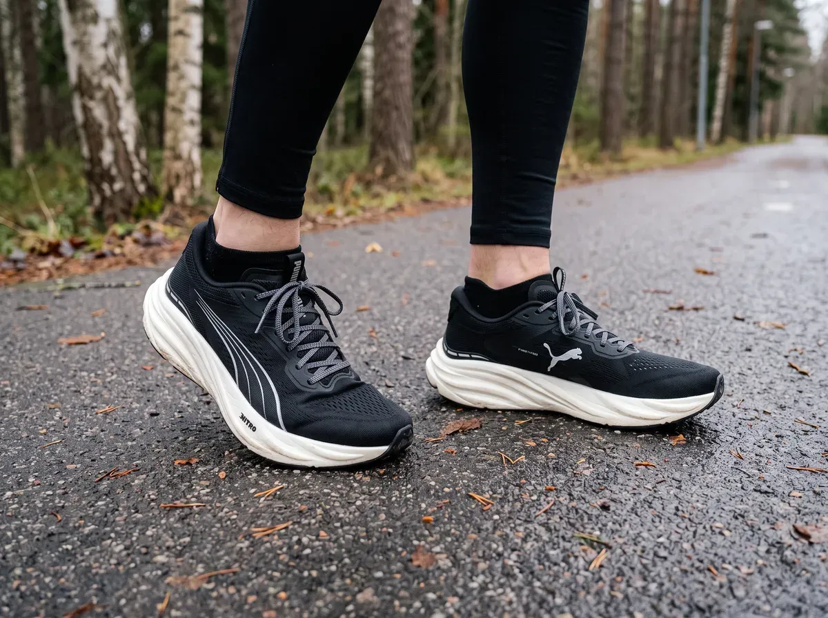 Puma Magnify Nitro 3 på fötterna på blöt asfalt