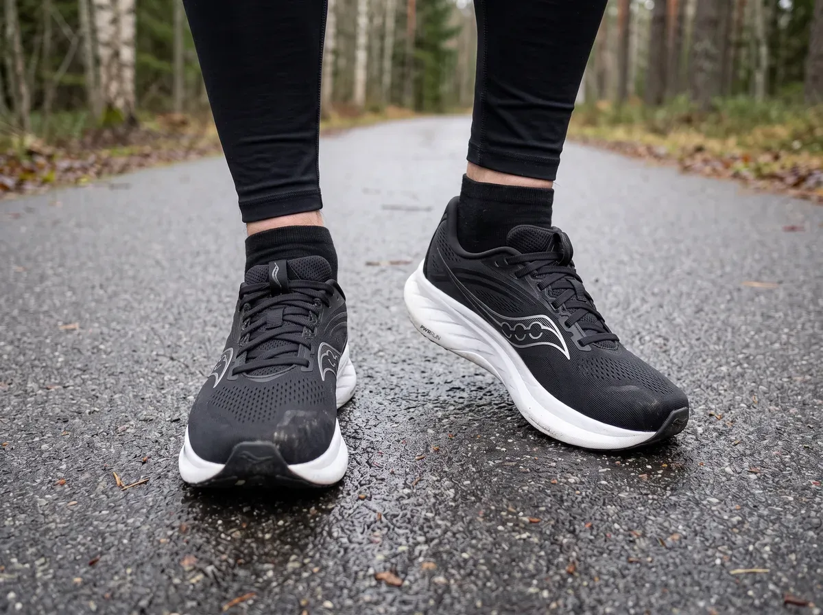 Saucony Ride 18 på fötterna på blöt asfalt