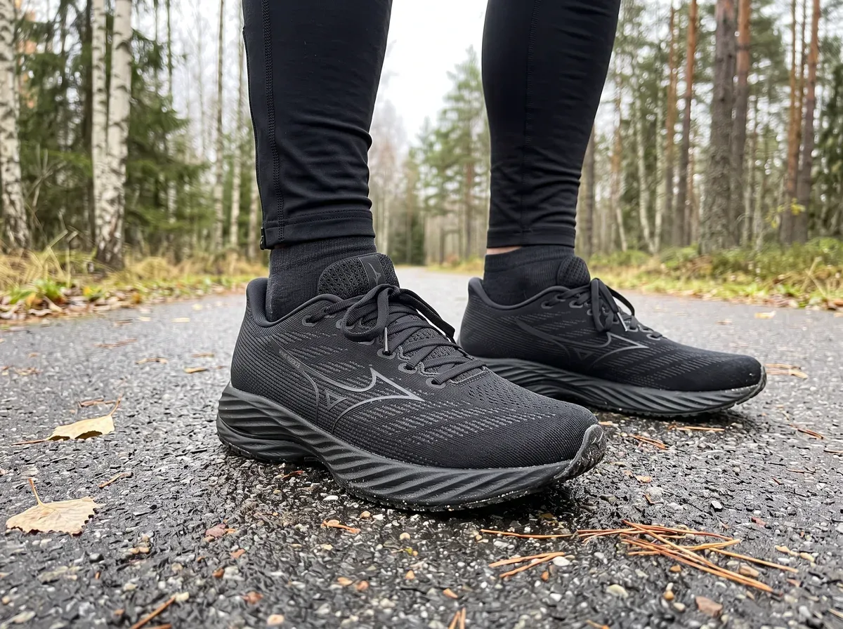 Mizuno Wave Rider 28 på fötterna på blöt asfalt