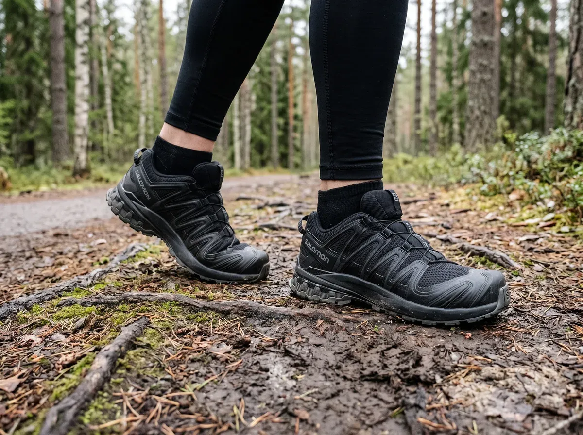 Salomon XA Pro 3D V9 på fötterna på blöt asfalt