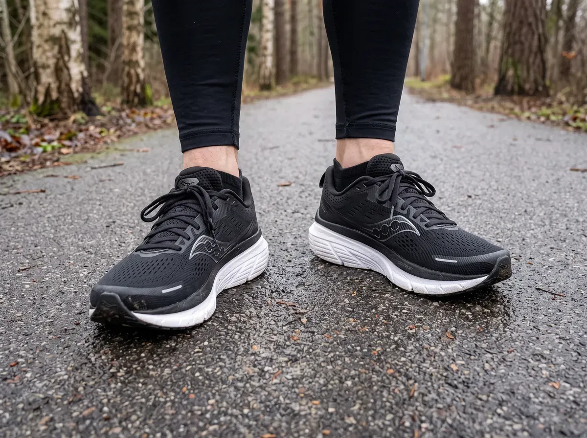 Saucony Guide 18 på fötterna på blöt asfalt
