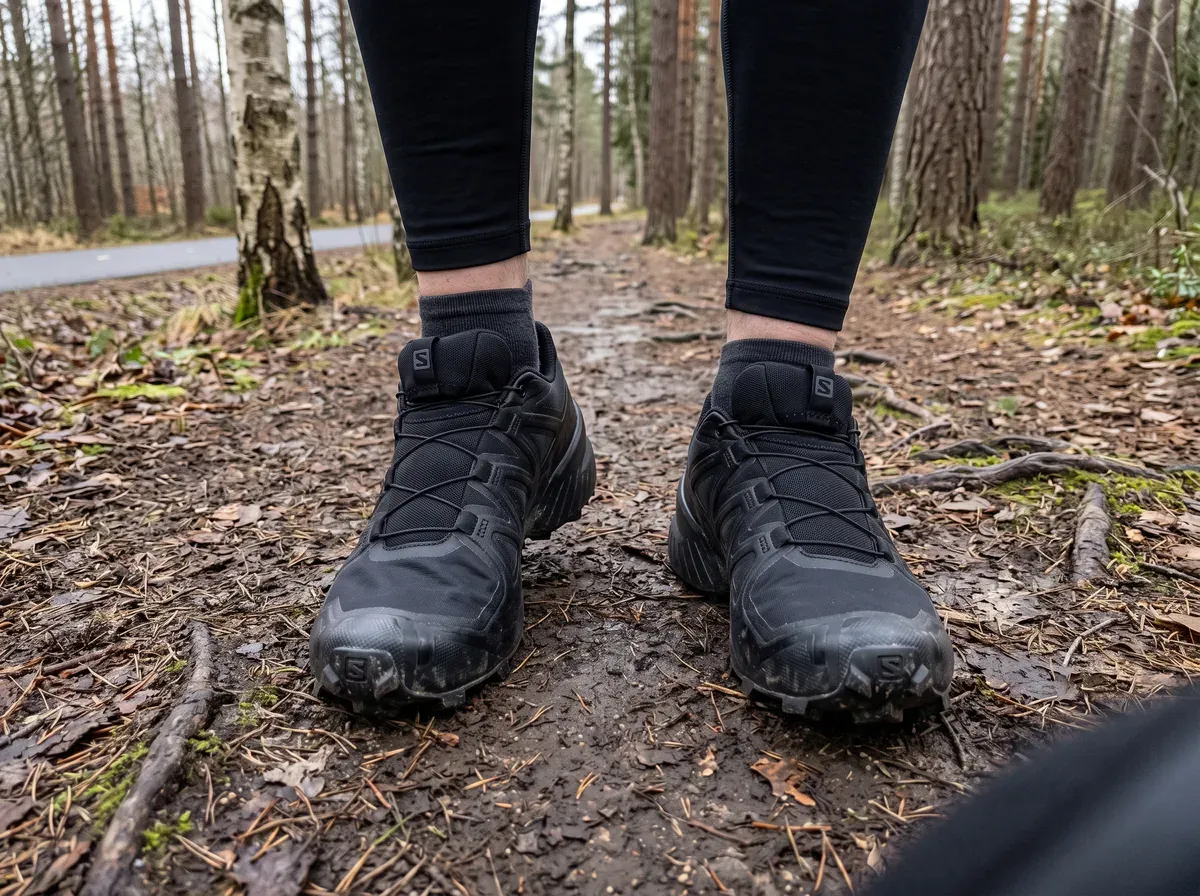 Salomon Speedcross 6 på fötterna på blöt asfalt