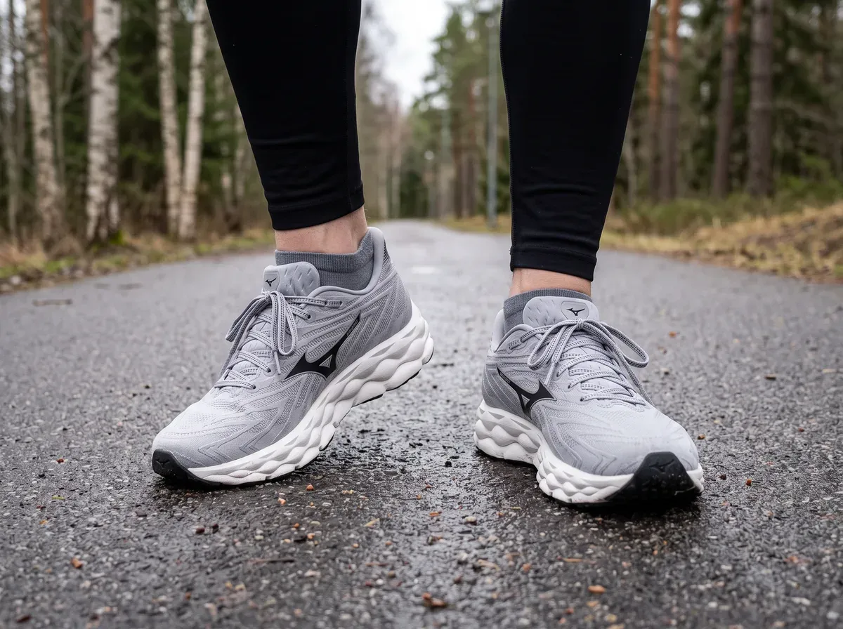 Mizuno Wave Sky 8 på fötterna på blöt asfalt