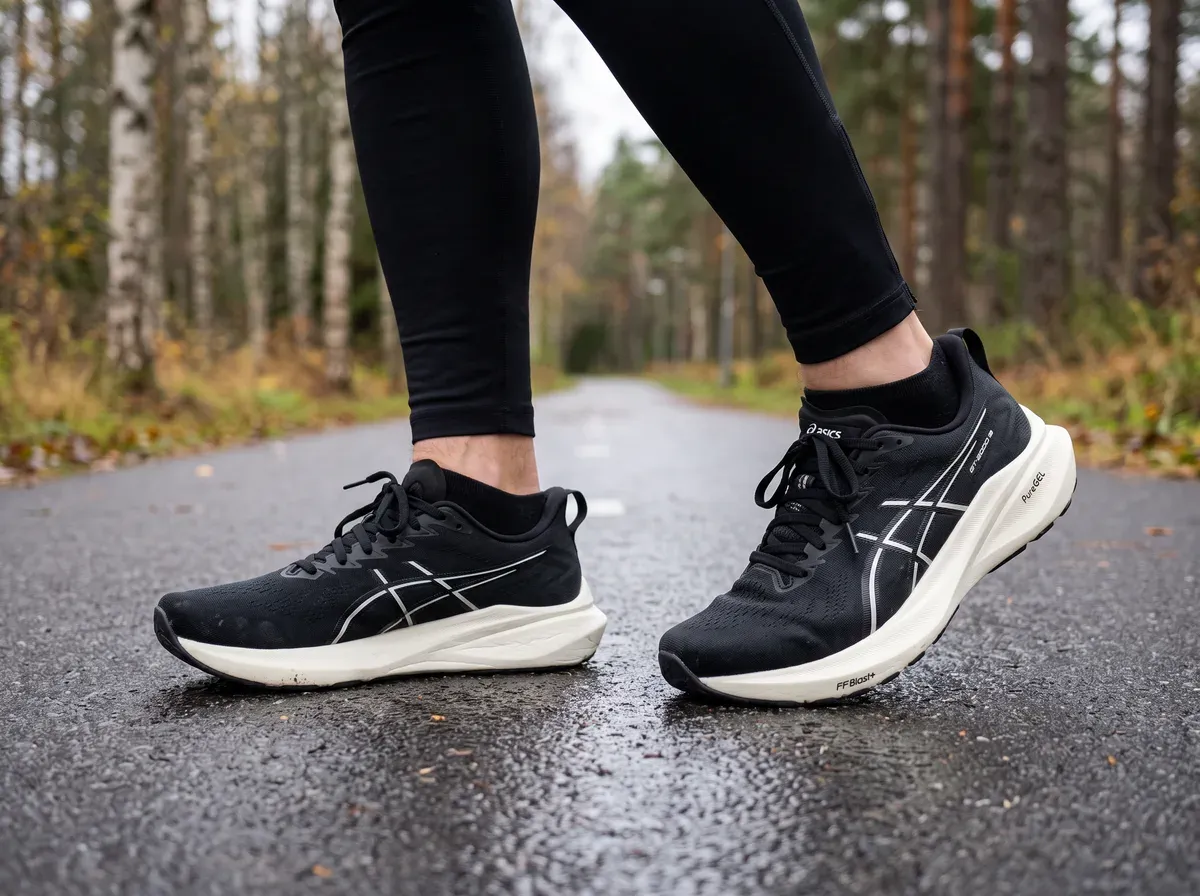 Asics GT-2000 13 på fötterna på blöt asfalt