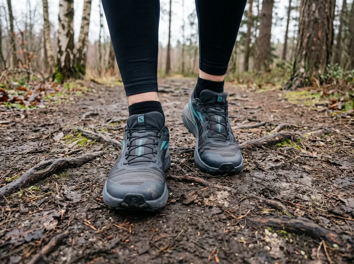 Salomon Genesis på fötterna på blöt asfalt