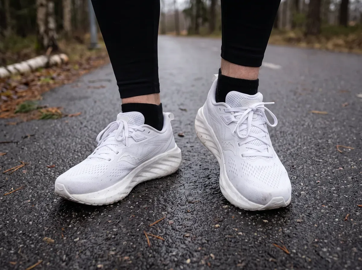 Saucony Triumph 22 på fötterna på blöt asfalt
