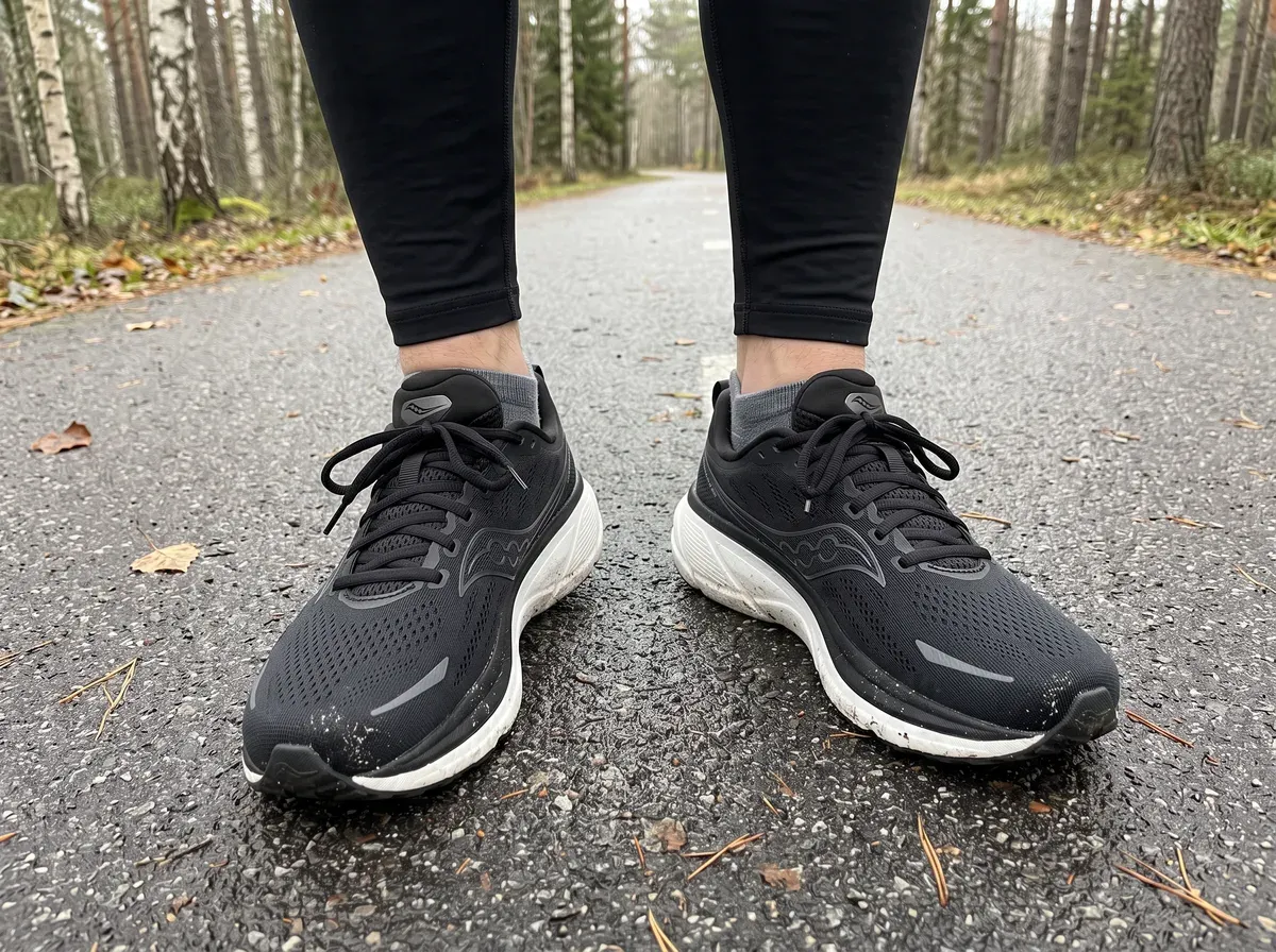 Saucony Hurricane 25 på fötterna på blöt asfalt