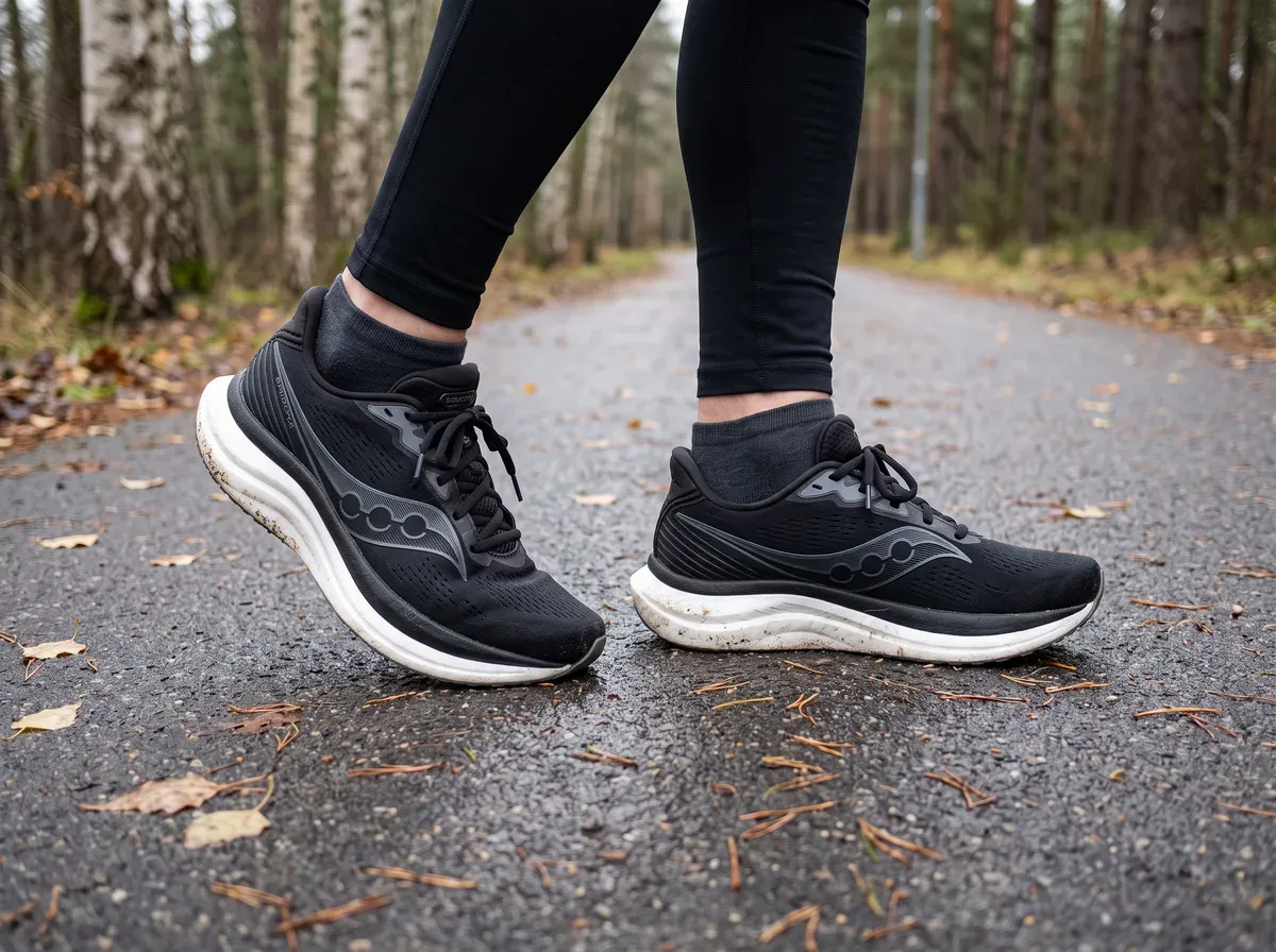 Saucony Triumph 23 på fötterna på blöt asfalt