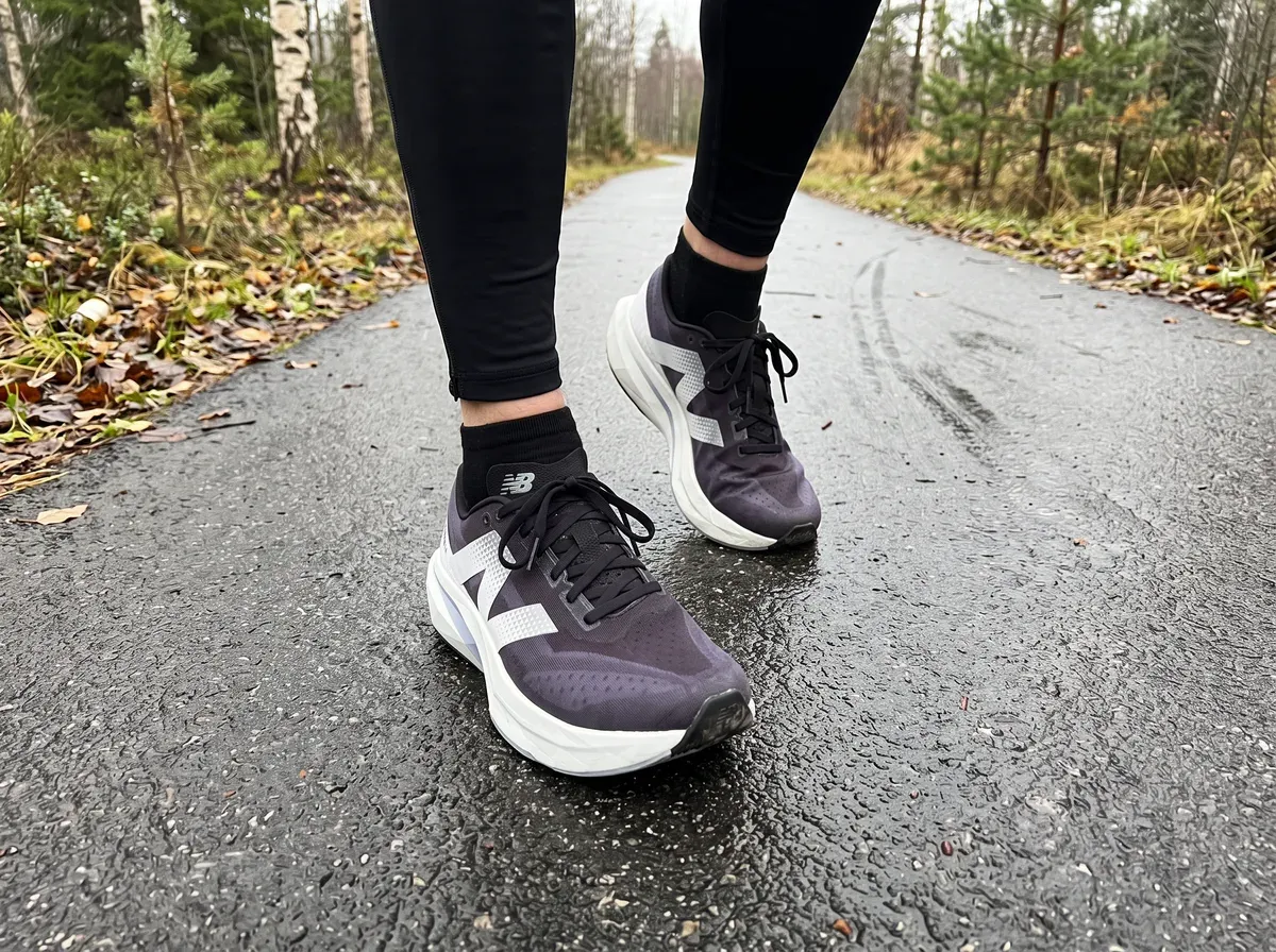 New Balance Rebel v4 på fötterna på blöt asfalt