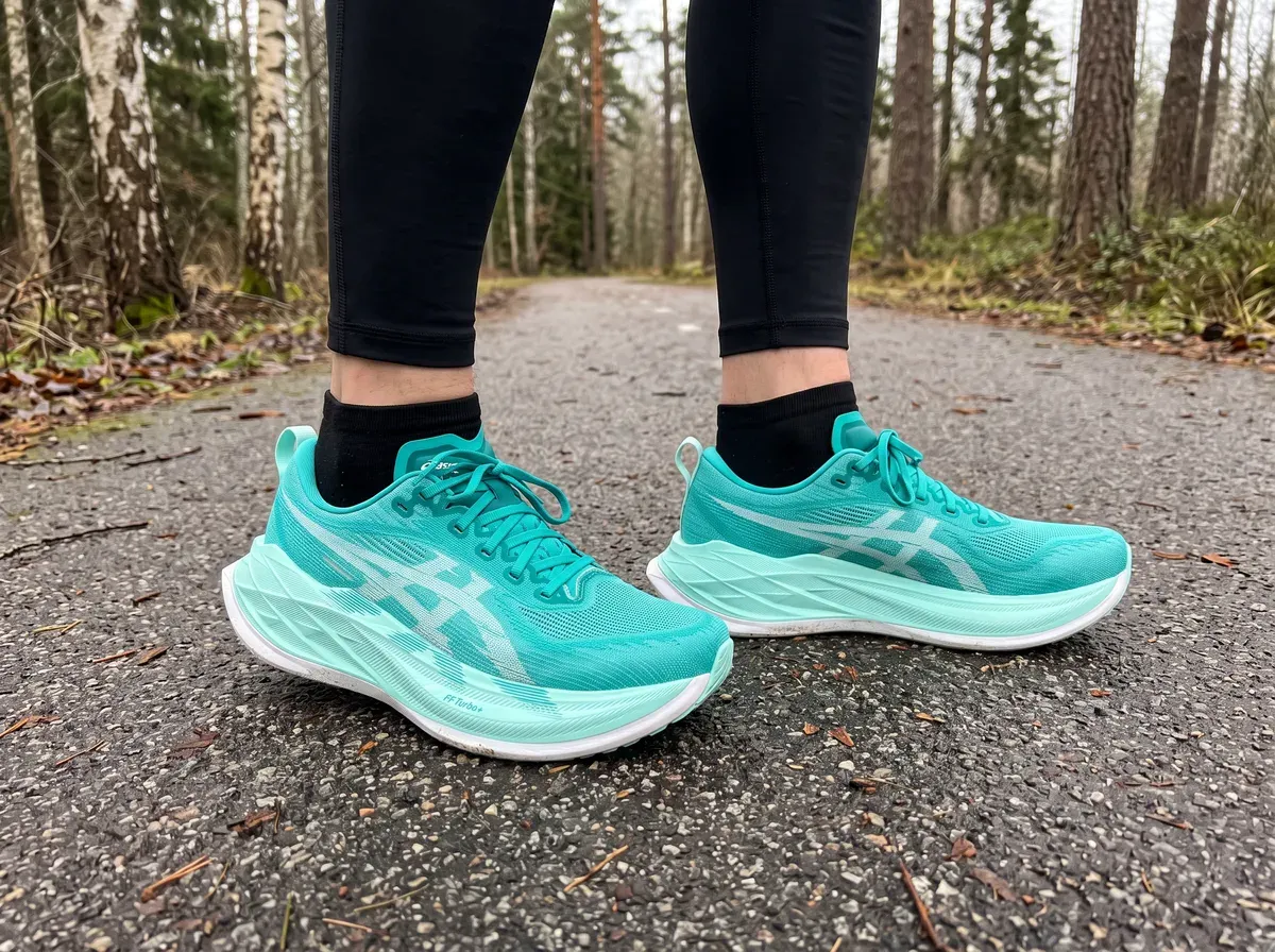 Asics Superblast 2 på fötterna på blöt asfalt