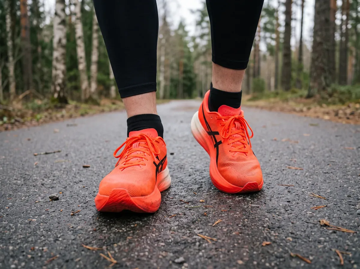 Asics Metaspeed Sky Paris på fötterna på blöt asfalt