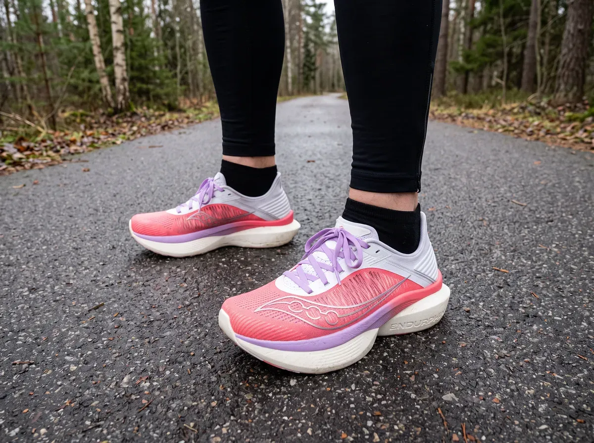 Saucony Endorphin Elite 2 på fötterna på blöt asfalt