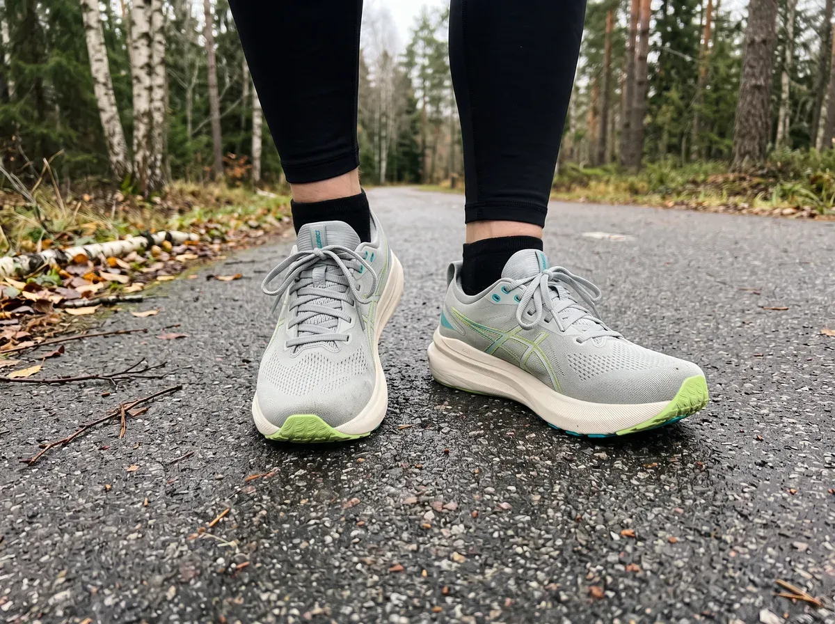 Asics Gel-Kayano 31 på fötterna på blöt asfalt