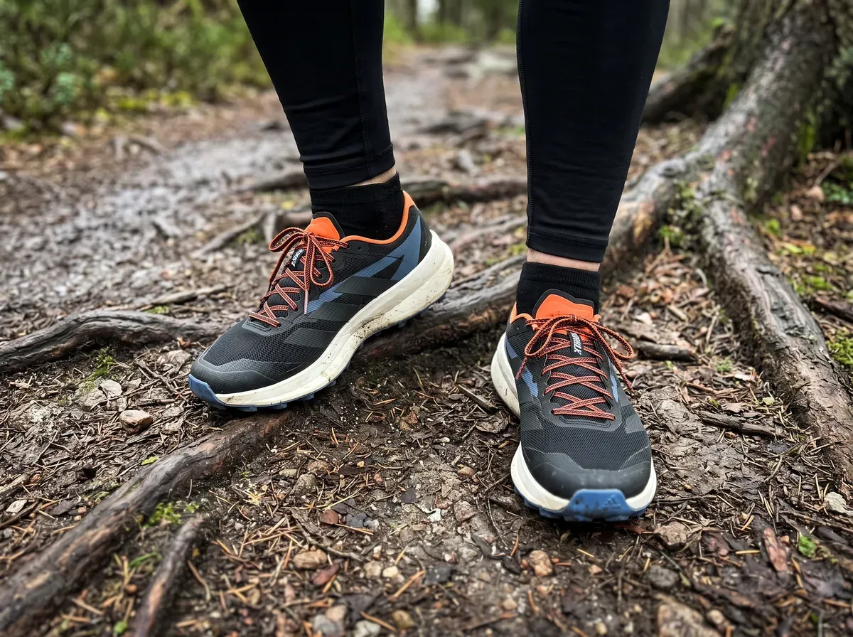 Adidas Terrex Agravic Speed 2 på fötterna på blöt asfalt