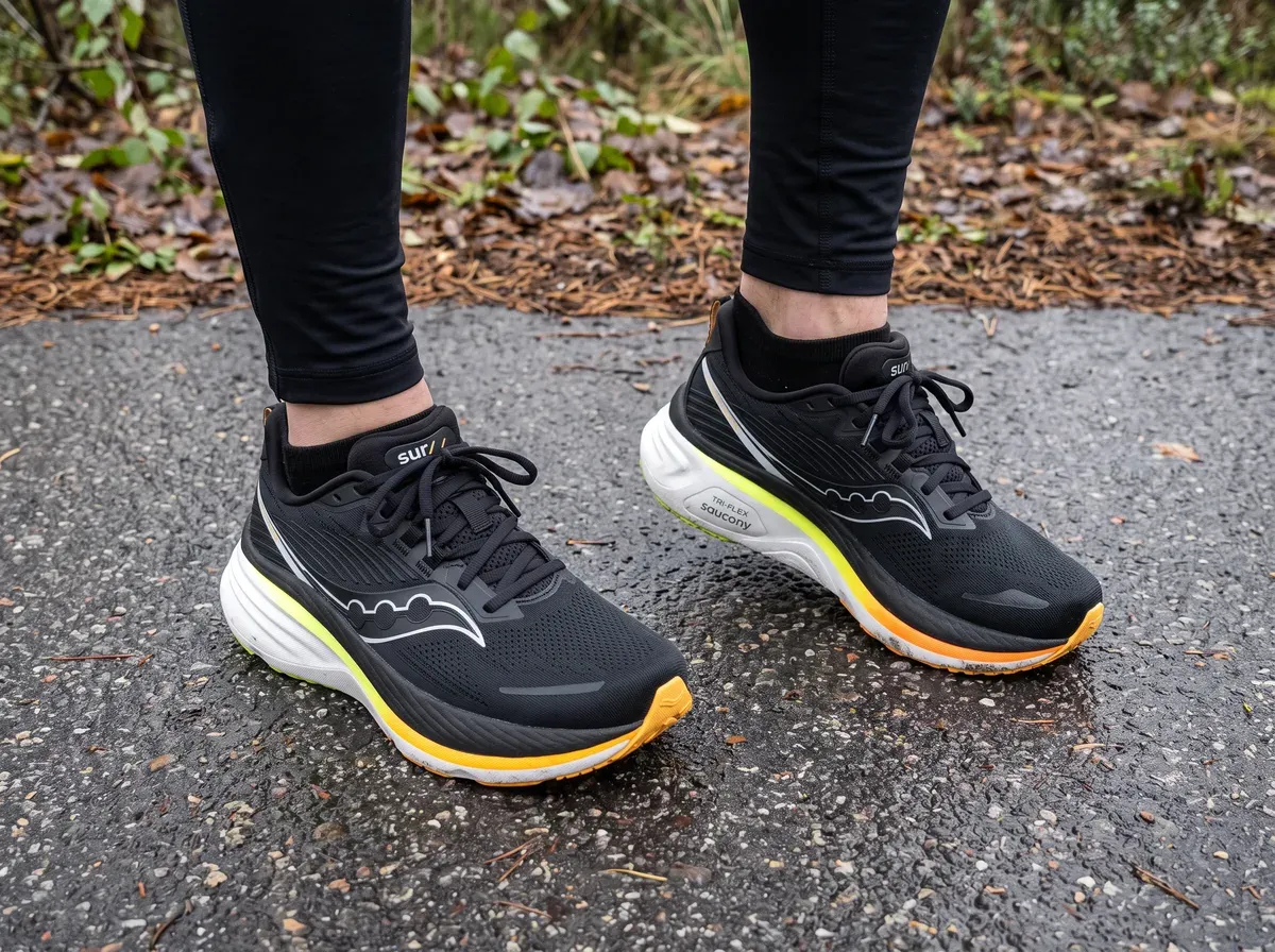 Saucony Hurricane 24 på fötterna på blöt asfalt