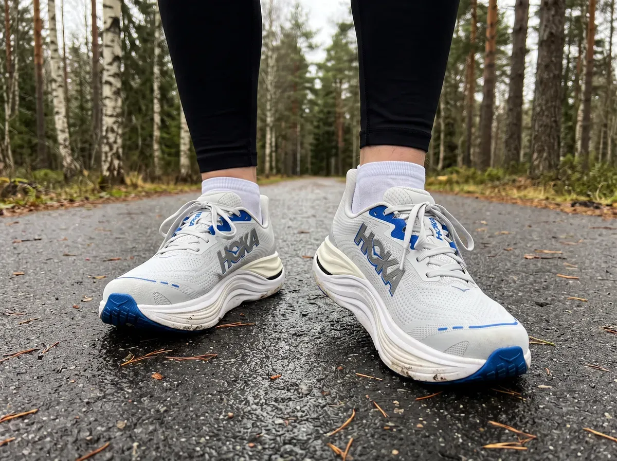 Hoka Skyward X på fötterna på blöt asfalt